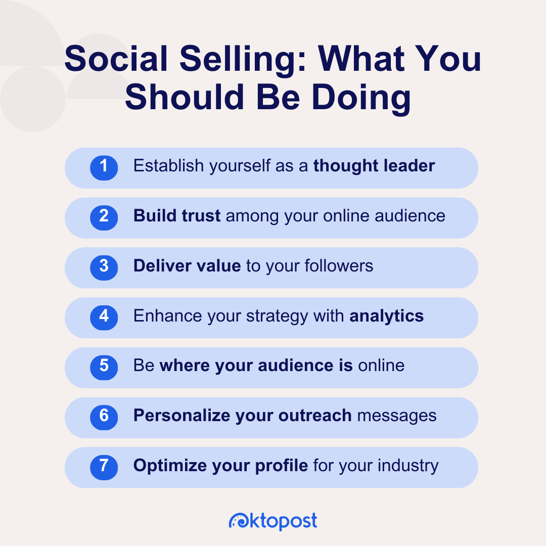 Social selling tips what you should be doing: establish yourself as a thought leader, build trust among your online audience, deliver value to your followers, enhance your strategy with analytics, be where your audience is online, personalize your outreach messages, and optimize your profile for your industry.