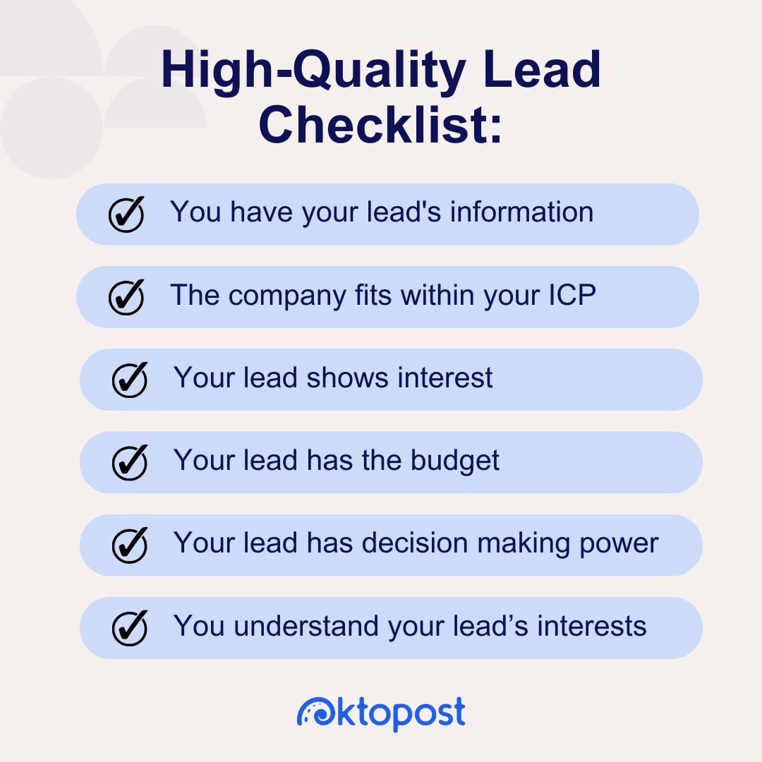 Alt text: High-Quality Lead Checklist - You have your lead's information. The company fits within your ICP. Your lead shows interest. Your lead has the budget. Your lead has decision making power. You understand your lead’s interests