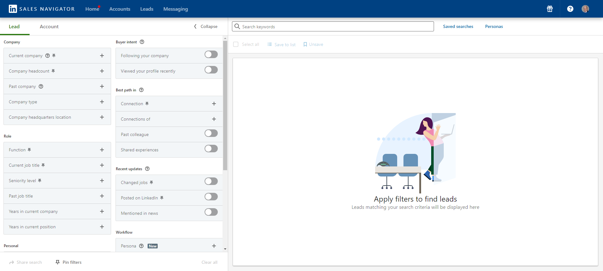 Screenshot of LinkedIn Sales Navigator platform advanced searching tool