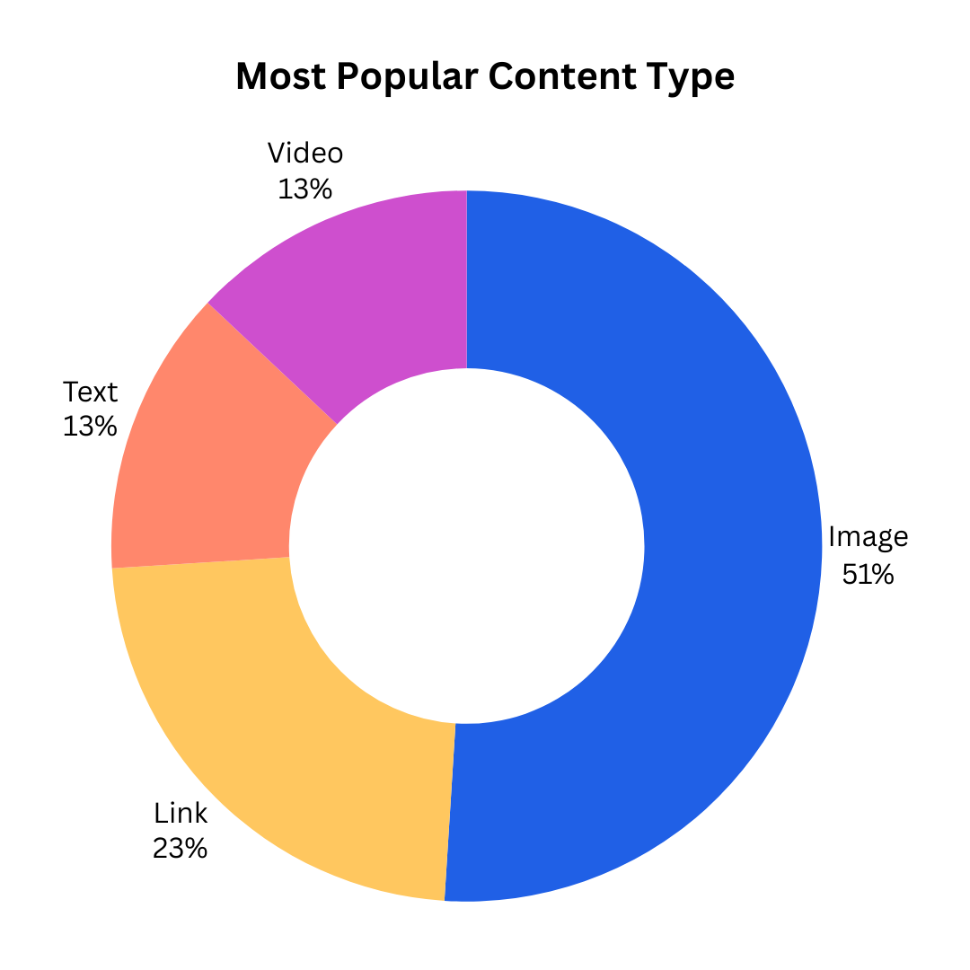 Pie chart showing the most popular content type. Image: 51%, Link: 23%, Text-only: 13%, Video 13%. 