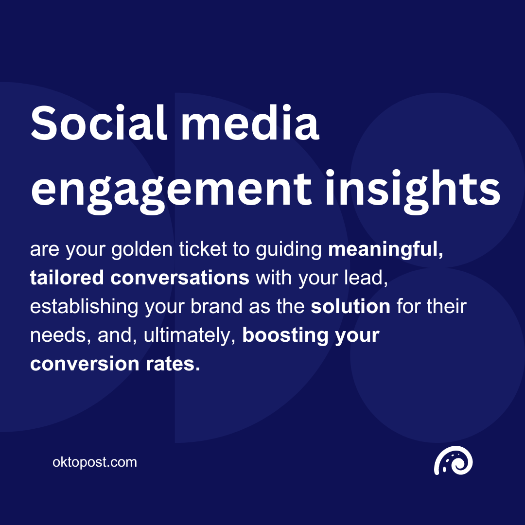 Text in image: Social media engagement insights are your golden ticket to guiding meaningful, tailored conversations with your lead, establishing your brand as the solution for their needs, and, ultimately, boosting your conversion rates.