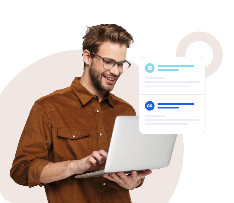 Smiling B2B user leveraging social media analytics software to track KPIs and improve strategy.