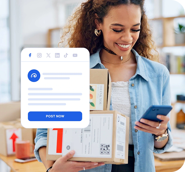 Woman uses B2B social media management platform to easily post across channels for SaaS company brand engagement.