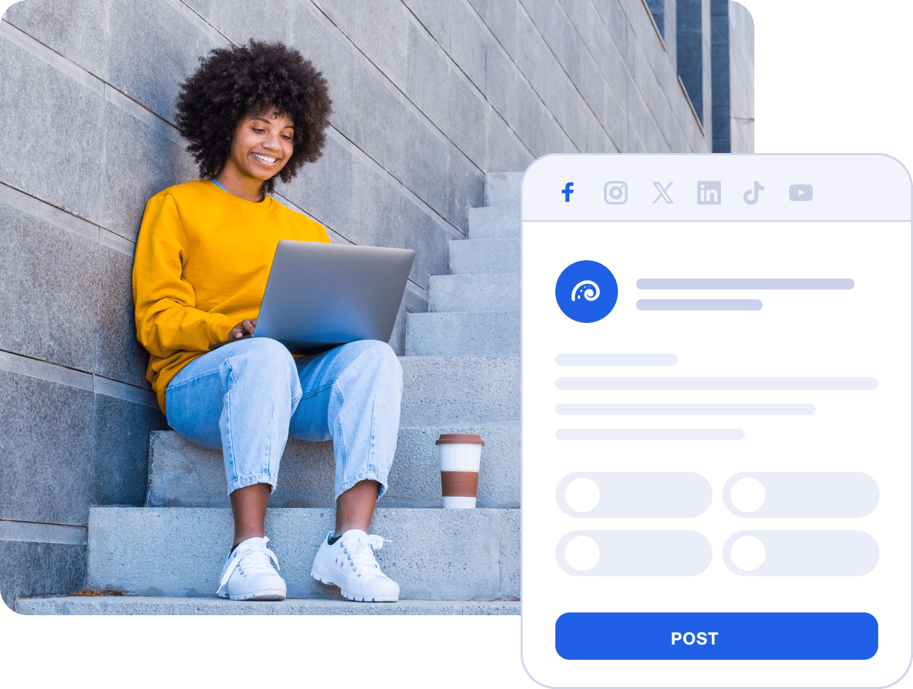 Oktopost professional smiling, working on laptop with social media dashboard. Join our mission, find fun careers!