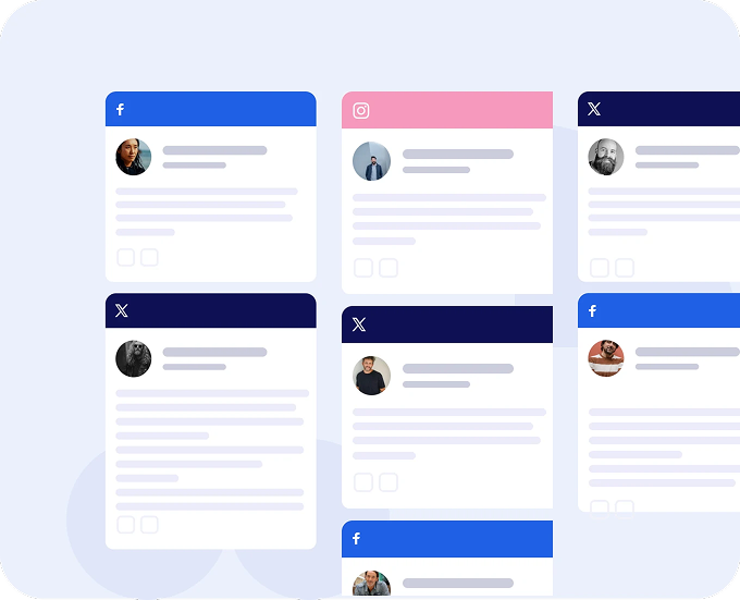 AI-powered social media listening streams display real-time conversations for brand intelligence and trend monitoring.