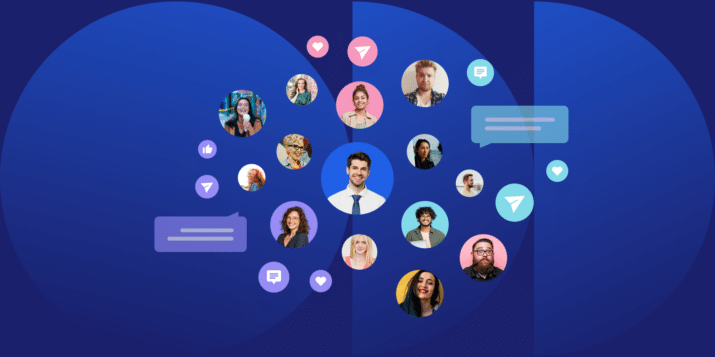 Illustration of a B2B employee advocacy network showing connected professionals sharing content, generating engagement, and driving trust, pipeline, and measurable business outcomes.