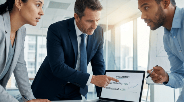 Close-up of a leadership meeting where a marketing leader points to a concise KPI summary on a laptop while two colleagues lean in and ask clarifying questions in a bright glass-walled conference room.