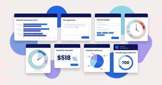 Oktopost free B2B marketing tools suite shown as seven floating product UI cards on a clean Isabelline background in Oktopost brand blue and navy