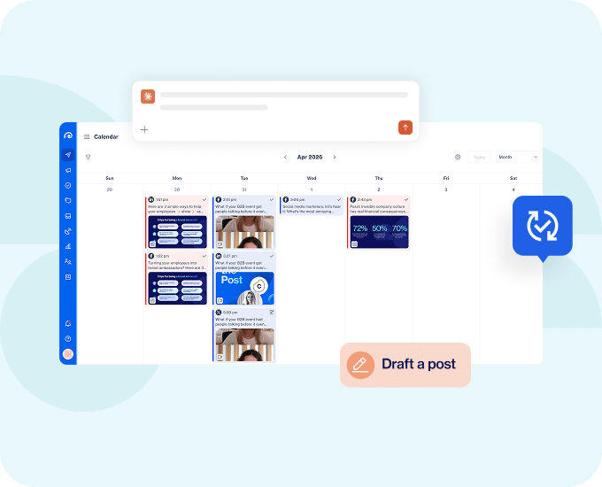 Oktopost social media calendar view showing scheduled image posts across a weekly grid with a 'Draft a post' action button.