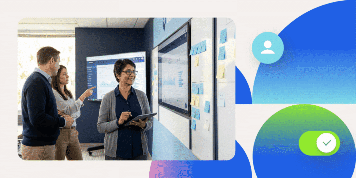 Executive marketing leader standing with a tablet reviewing a wall of planning boards and digital dashboards while regional team members listen in a modern conference room, lit by warm side window light to create an approachable, professional scene.