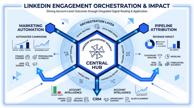 Infographic depicting orchestration of LinkedIn engagement signals to CRM automation pipeline