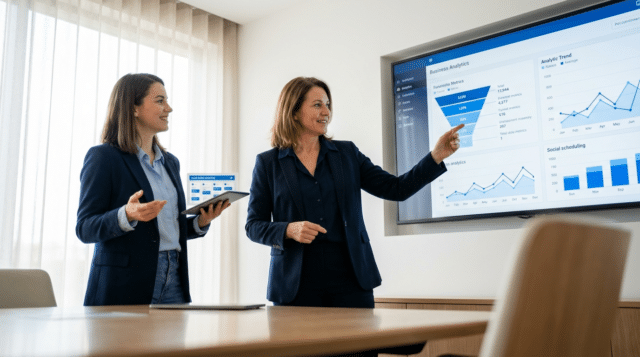 Two professionals in a minimalist boardroom review a compliance-approved social content board on a large screen; one holds a tablet showing the same dashboard as they discuss funnel metrics and trend lines.