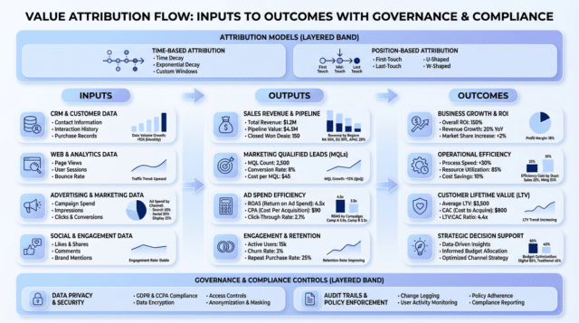 Horizontal infographic showing a left-to-right flow from Inputs to Outputs to Outcomes with attribution model bands above and governance/compliance controls below, using the brand color palette and simple icons. Clean, grid-based layout with bold headings, short labels, and small charts to illustrate data relationships.