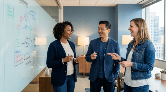 Three professionals collaborating at a glass-walled boardroom whiteboard, smiling and sketching ideas under warm natural light, with a clean navy-accented color palette conveying modern cross-functional teamwork.