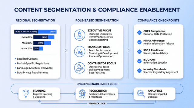 Three-column infographic showing content segmentation by region and by role, compliance checkpoints in a parallel column, and a horizontal enablement loop for training, recognition, and analytics, using blue-accented cards and clear icons for readability.