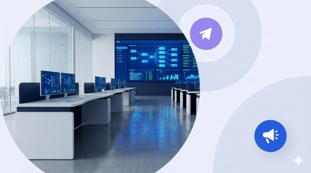 An empty control room where AI agents manage social media workflows and dashboards without human oversight.