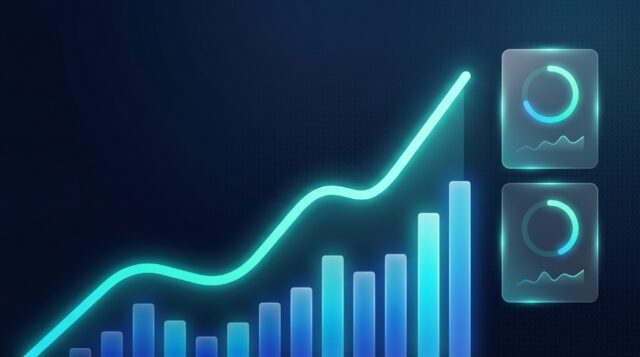 B2B social media statistics 2026: glowing teal line graph rising over blue bar charts and dashboard cards on a navy background
