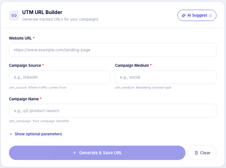 Oktopost free UTM Builder form with website URL, campaign source, medium, and name fields